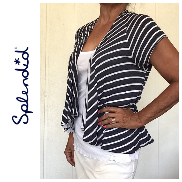 SPLENDID JERSEY KNIT STRIPED CARDIGAN BLUE AND WHITE MEDIUM - Picture 2 of 8
